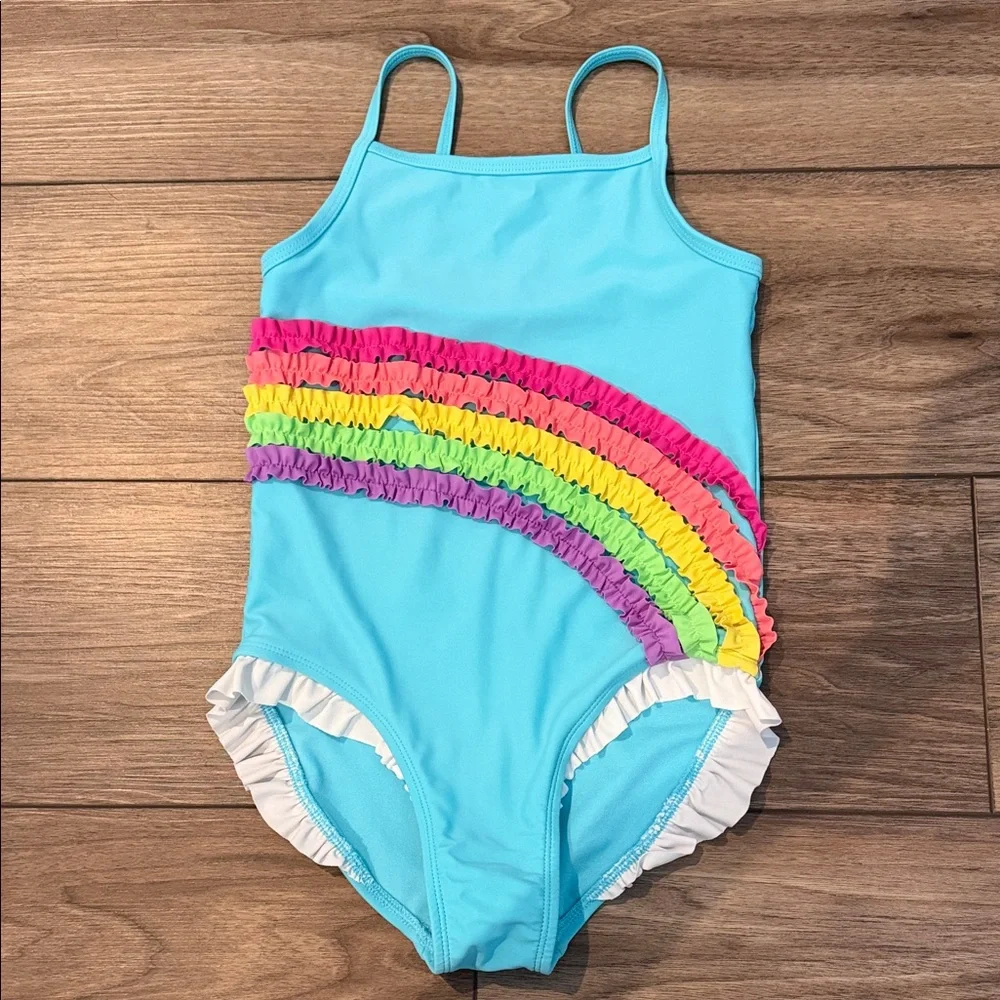 Gymboree Turquoise One-Piece Swimsuit with Rainbow Ruffle